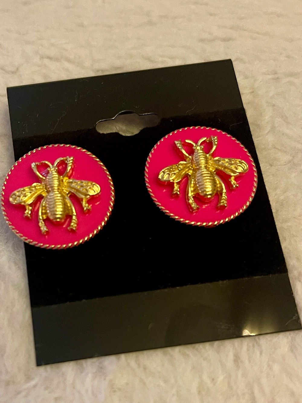Statement Gold Bee Earrings on Hot Pink Enamel | 1” Round | Bold Vintage Style